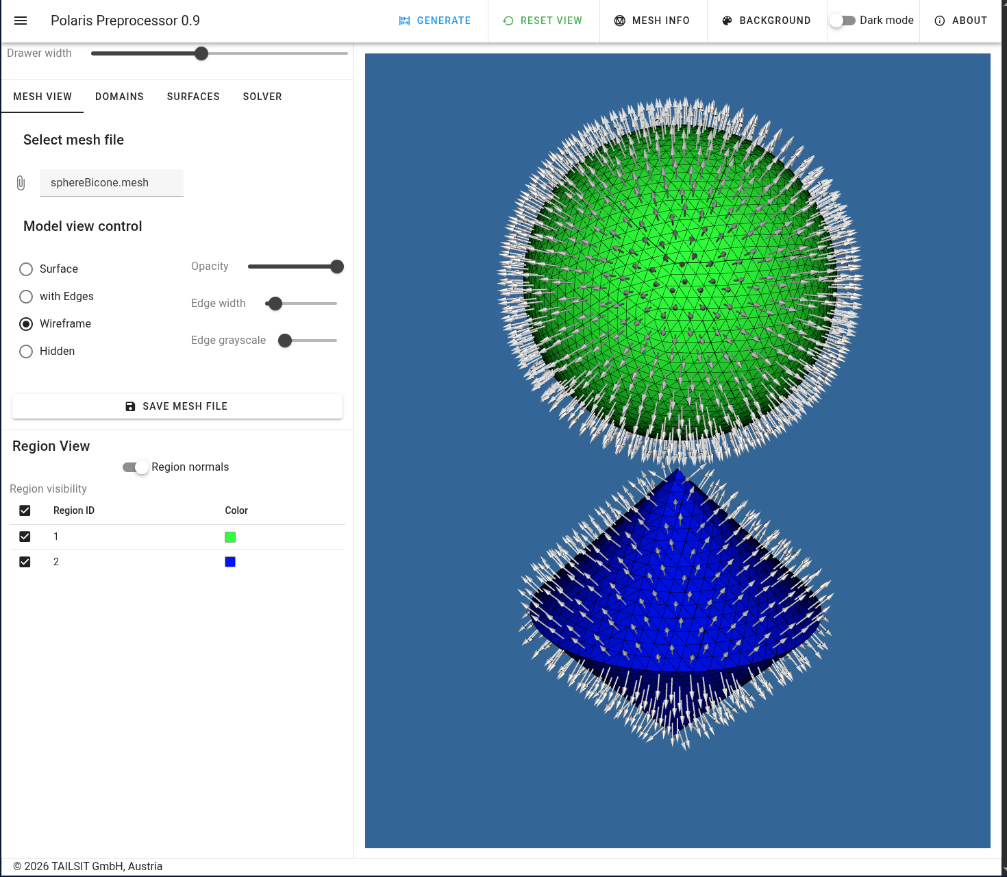 View with wireframe and normals